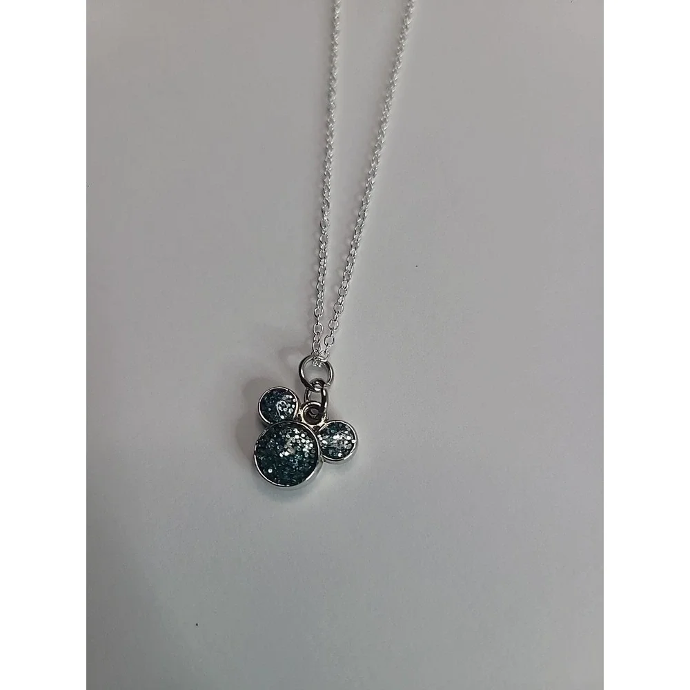 Disney Hidden Mickey Pendant Necklace Teal‎ Glitter Fashion Jewelry